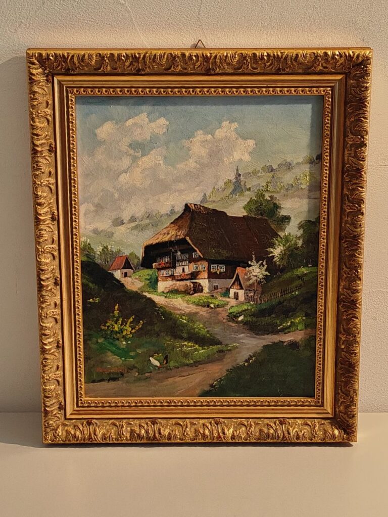 Ölgemälde ‚Haus & Hühner‘ – Hugo Müller signiert – 46x37cm