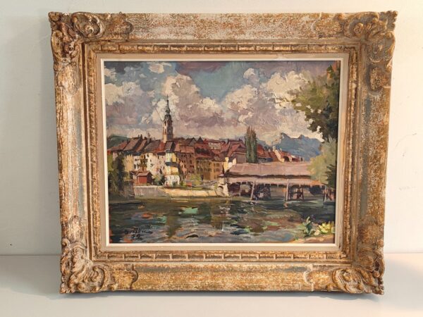 Original Gemälde Hans Grütter – Olten mit Holzbrücke – 1959