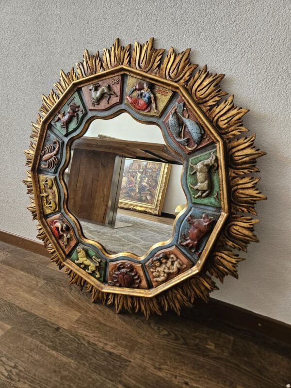 Zodiac Sunburst Spiegel – vergoldet – Sternzeichen – 1950