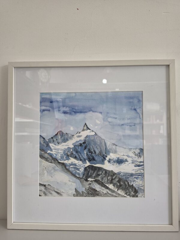 Gerahmtes Aquarell Zinalrothorn von Marcel Hischier, Gesamtansicht mit weissem Rahmen