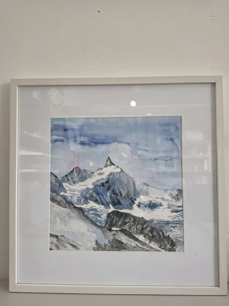 Gerahmtes Aquarell Zinalrothorn von Marcel Hischier, Gesamtansicht mit weissem Rahmen