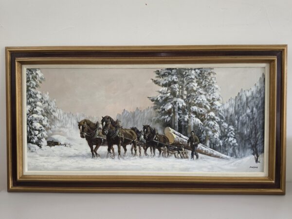Ölgemälde Langholzfuhre im Winter von Henri Moser, gerahmt, Gesamtansicht
