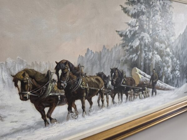 Detail: vier braune Zugpferde im Schnee, pastoser Farbauftrag
