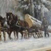 Detail: Schlitten mit Baumstämmen und Mann am verschneiten Waldrand